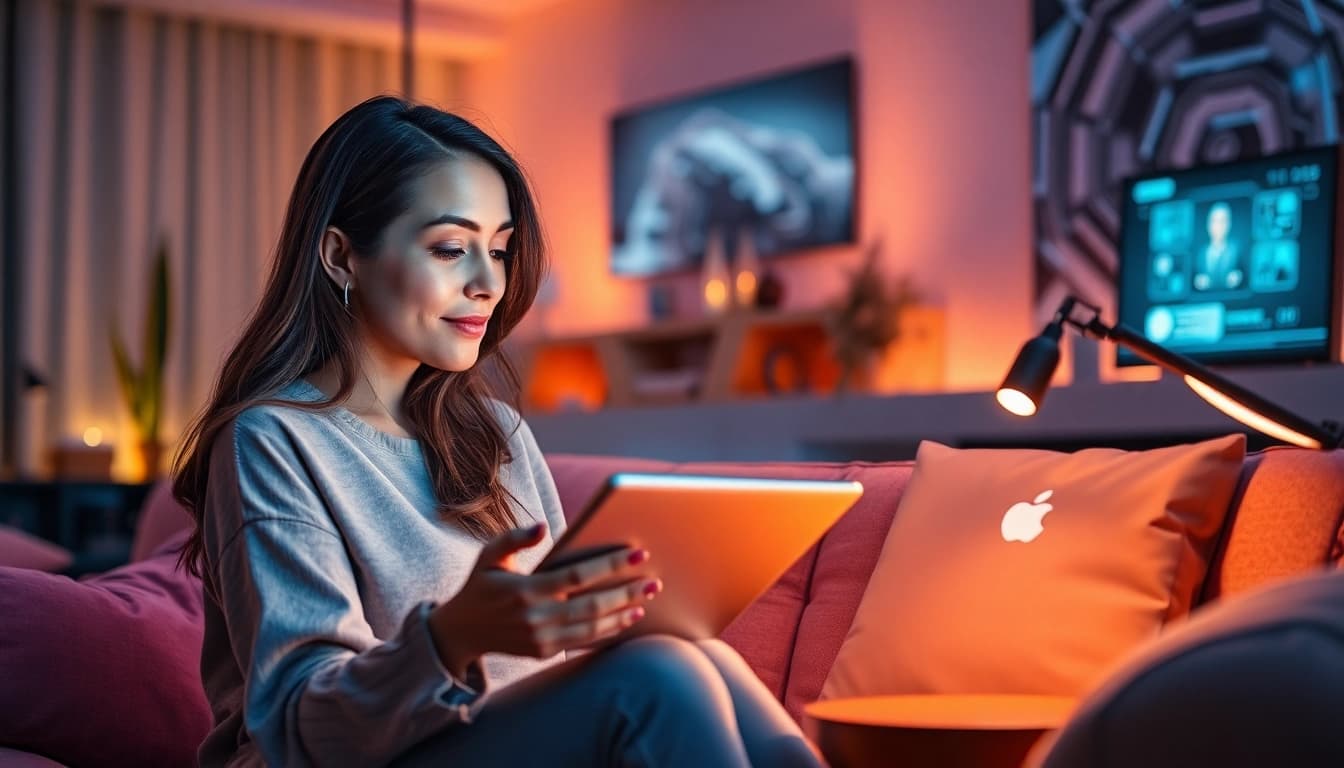Engaging scene of a woman interacting with her AI companion, illustrating the concept of crush on ai.
