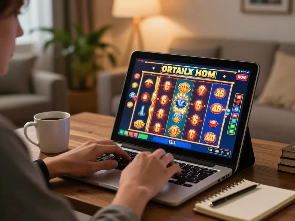 Engaged player spinning the reels on OKESLOT from a cozy home, showcasing an immersive online gaming experience.