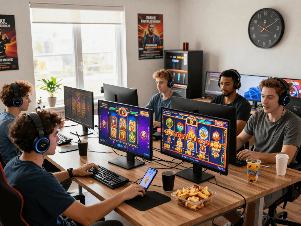 Excited players enjoying a vibrant slot online game from their home office, showcasing modern gaming culture.