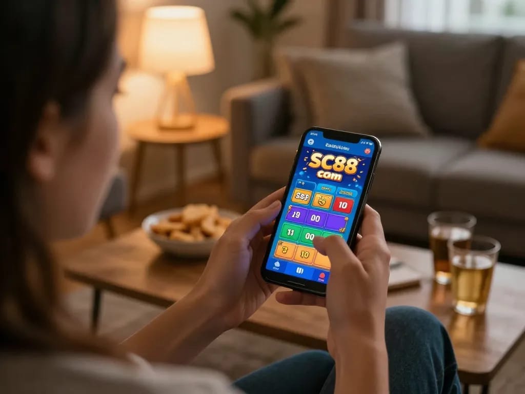 Playing casino games on SC88 Com app in a cozy home setup, showcasing mobile gaming.