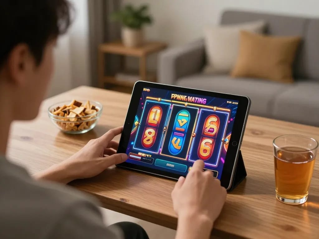 Player enjoying LGODEWA's online slot games on a tablet in a cozy home setting.