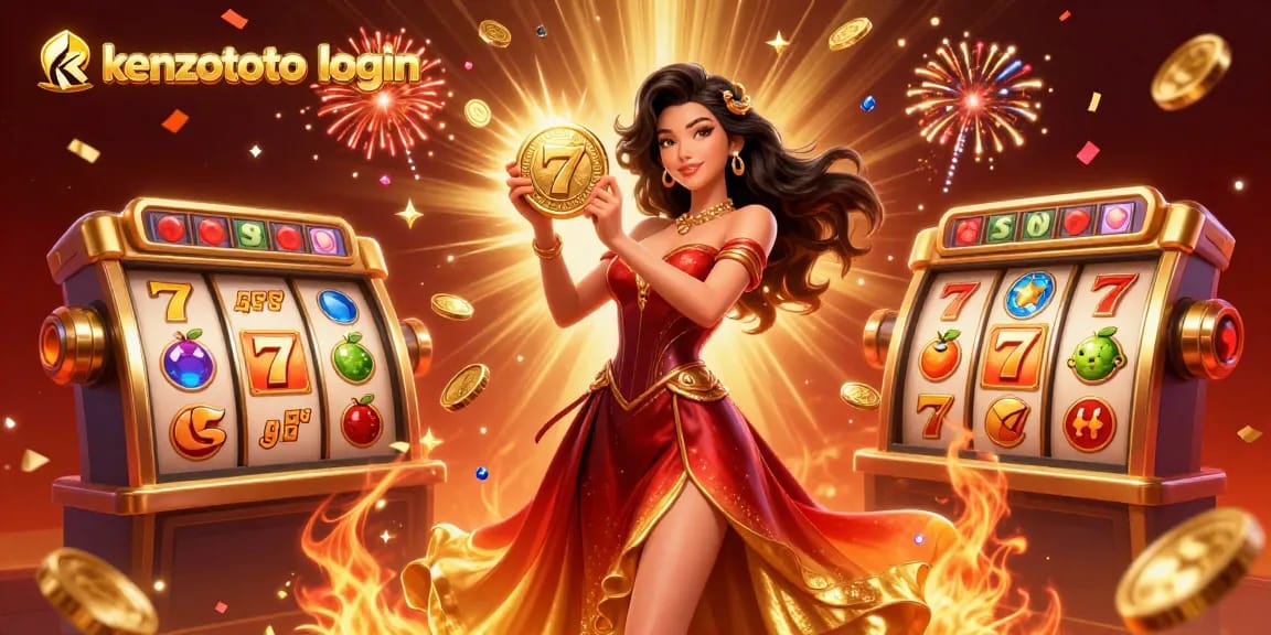 Engage in exciting gameplay at kenzototo login, featuring a stunning Asian woman holding a golden coin surrounded by dynamic casino elements.