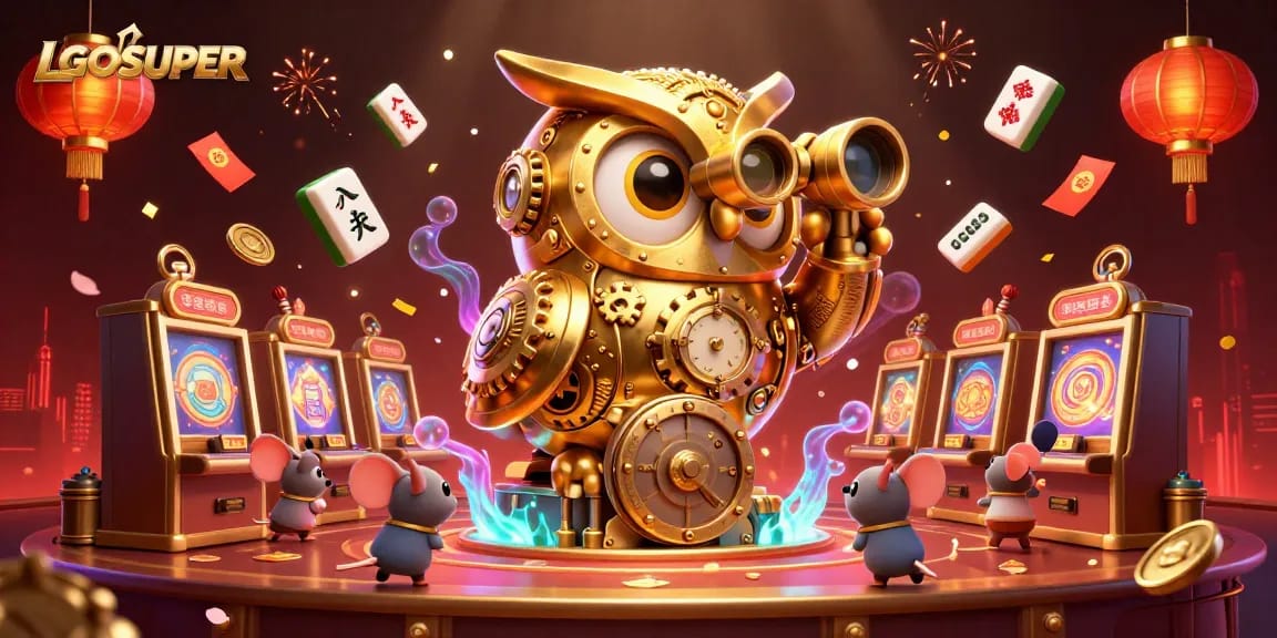 Engage with the vibrant LGOSUPER casino scene featuring a golden owl, lively slot machines, and festive decorations.