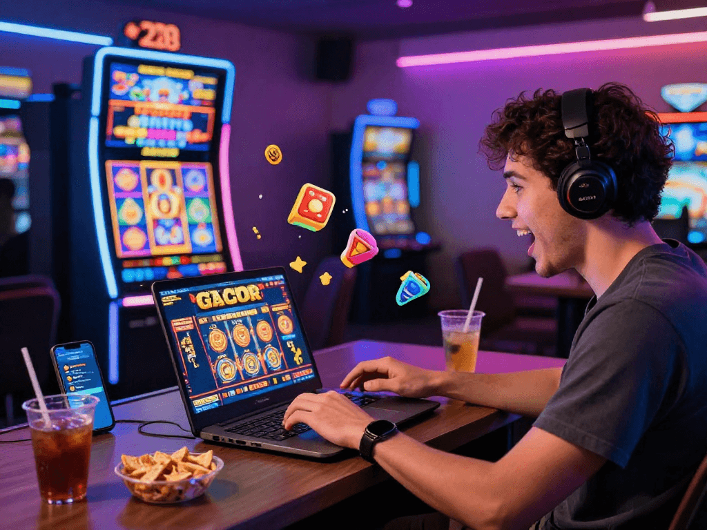 Engaged player enjoying a slot gacor game on a laptop, vibrant casino atmosphere