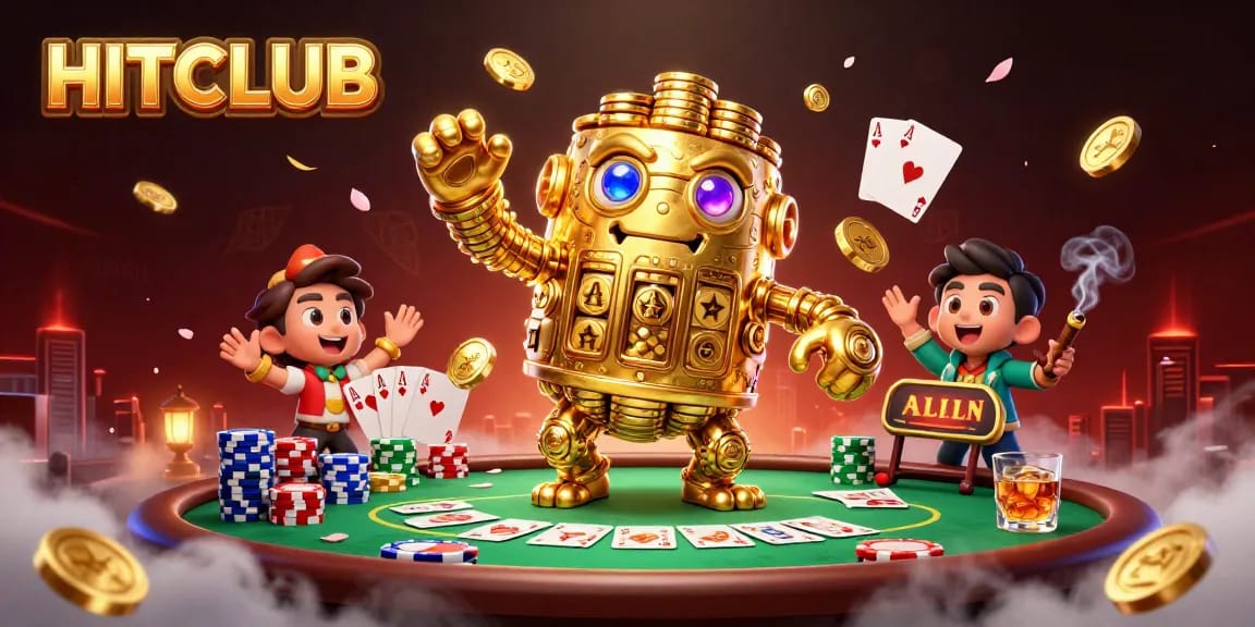 Bet on HITCLUB with the ancient golden golem surrounded by vibrant casino action.