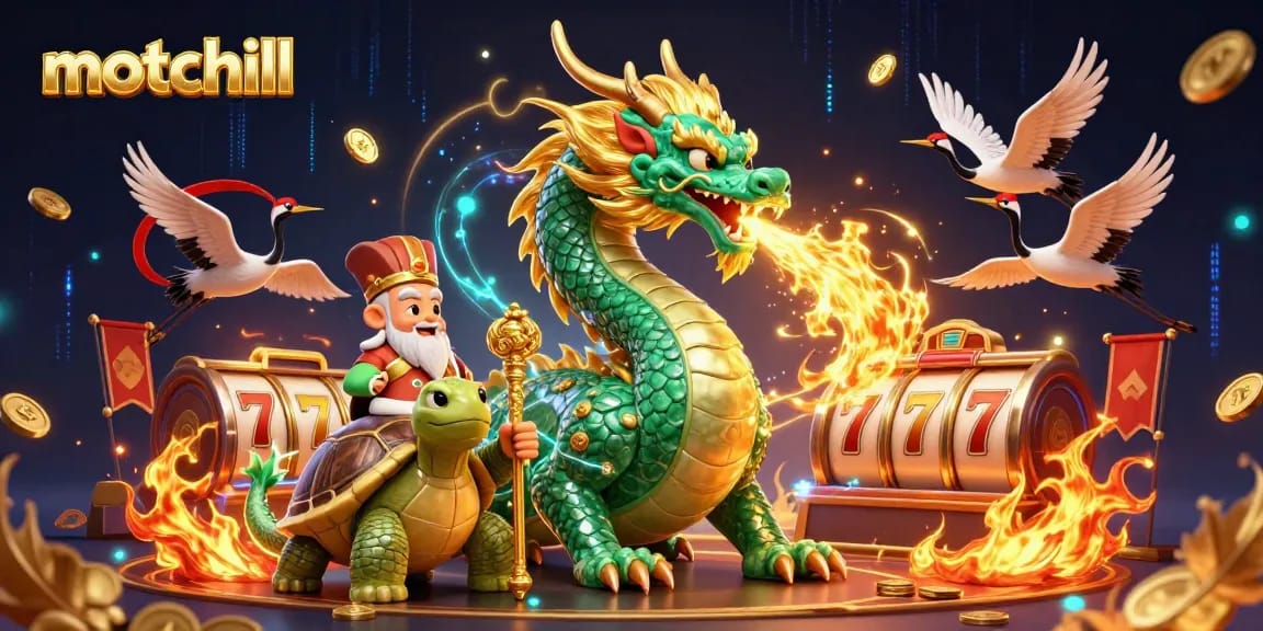 Experience thrilling gameplay at motchill with a mystical dragon and sage, surrounded by vibrant casino elements.