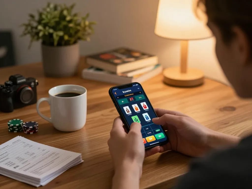 Kuwin online gaming experience with player engaged in mobile casino action at home, showing poker hands