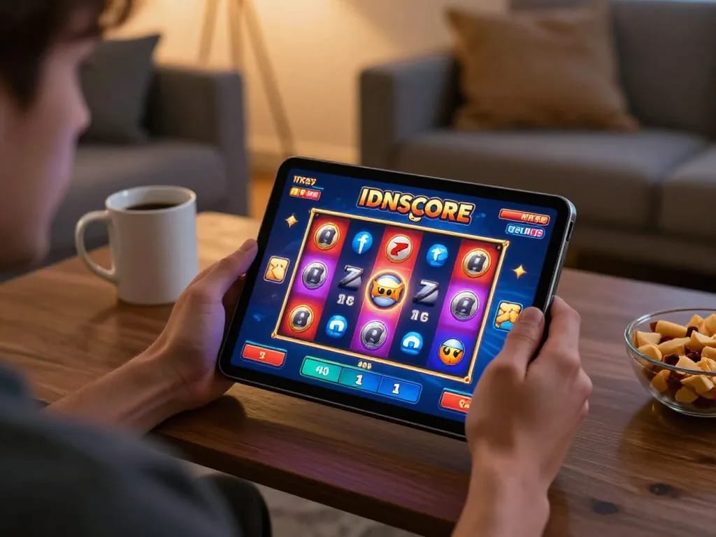 IDNSCORE player engaging in thrilling online gaming session with colorful slot interface on tablet