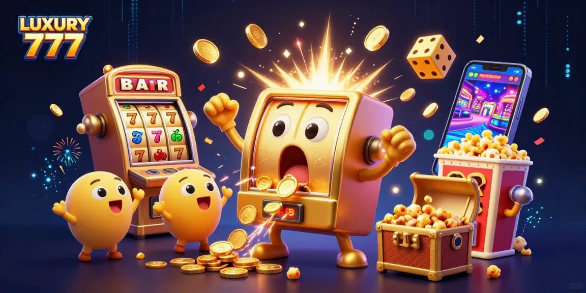 Permainan slot mesin LUXURY 777 menghasilkan jackpot dengan koin berhamburan.