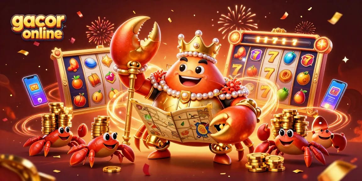 Join the excitement at gacor slot online with a vibrant scene showcasing a golden crab emperor surrounded by dynamic slot elements.