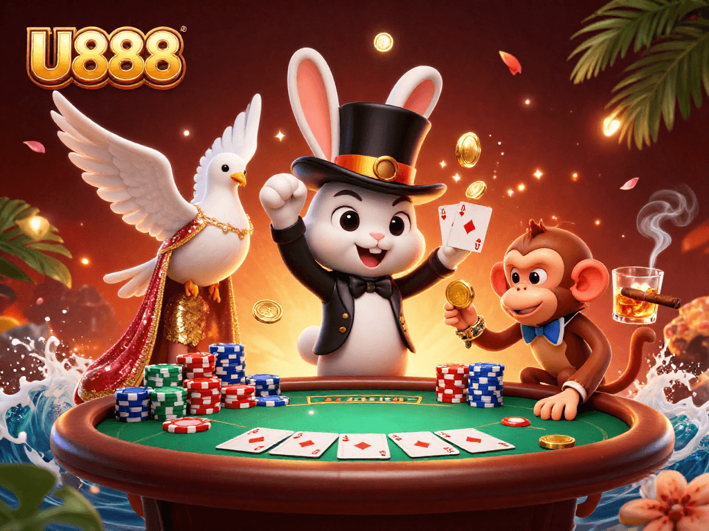 Engage in excitement with U888 as a magician rabbit introduces magical coins at a vibrant poker table.