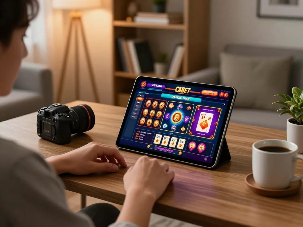 Engaging online gambling scene on fabet with a player using tablet in cozy atmosphere.
