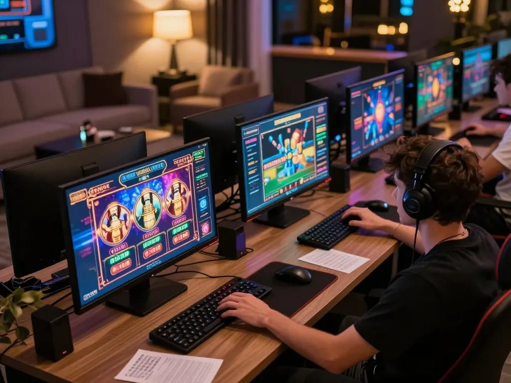 IDCJOKER player engaging with immersive online slots on multiple screens for winning strategies.