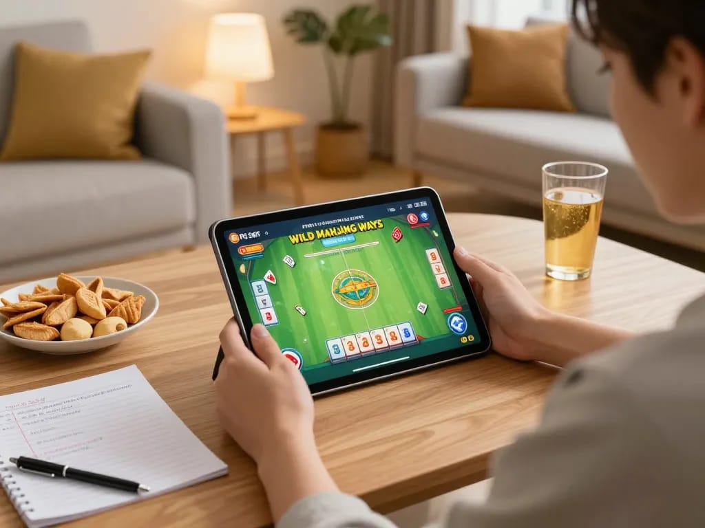 IDNSCORE player enjoying PG Soft Wild Mahjong Ways in their cozy living room setting, showcasing engaging online gaming