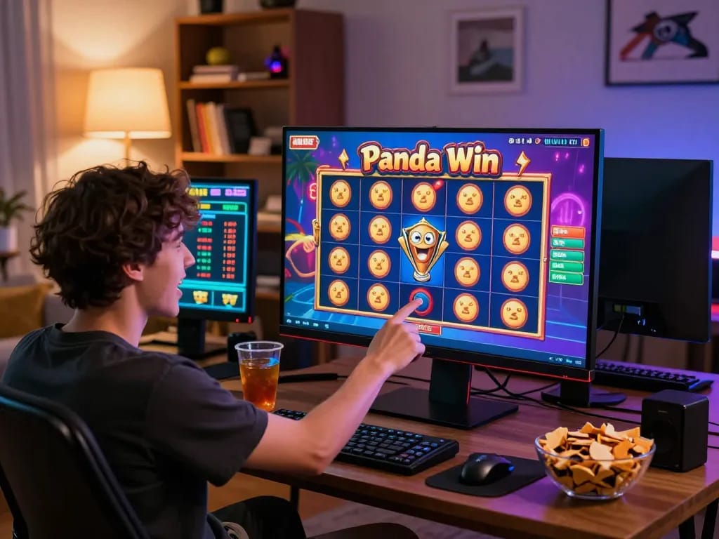 Pengalaman bermain Panda Win dengan antarmuka slot yang penuh warna dan pengaturan rumah yang menenangkan