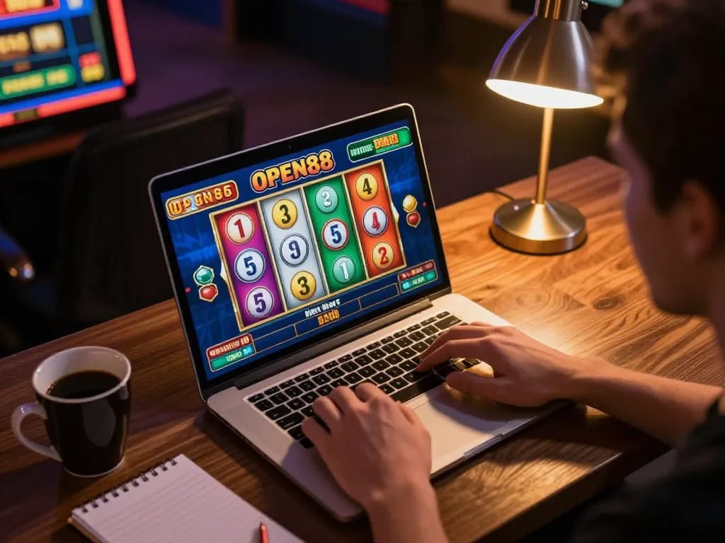 Player engaging in online slots on OPEN88, showcasing an immersive gaming experience with colorful reels and cozy ambiance