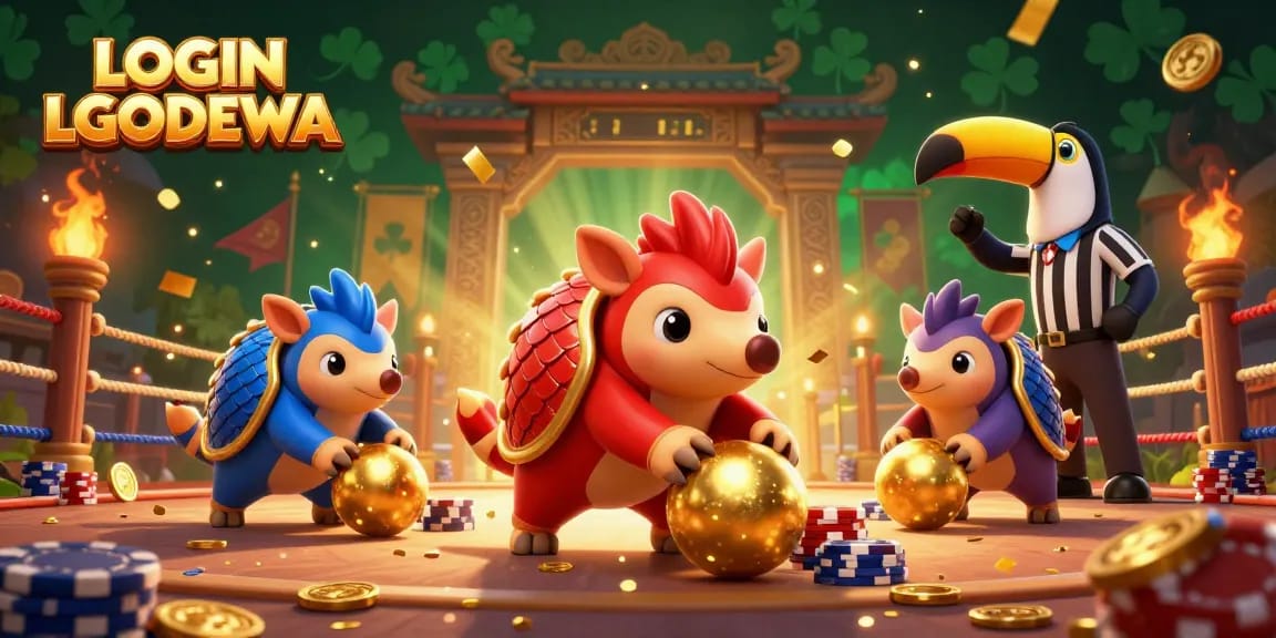Engage in thrilling gameplay with LOGIN LGODEWA showcasing rival pangolins and poker elements in an energetic casino scene.