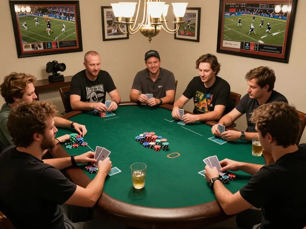 LIGA2000 players engaging in intense online poker with strategic gameplay during a home game night