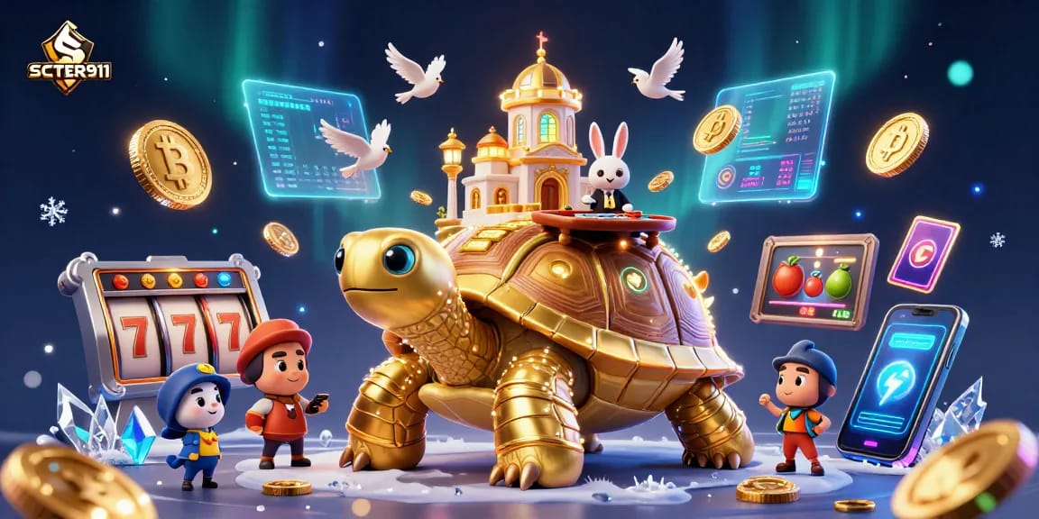 Engage in betting action at SCATTER911 with a vibrant casino scene featuring a golden tortoise and dynamic game elements.