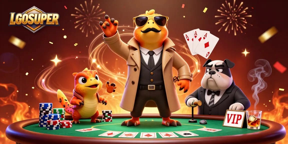 Raptors in trench coats attempt entry into LGOSUPER VIP lounge amidst vibrant casino chaos.