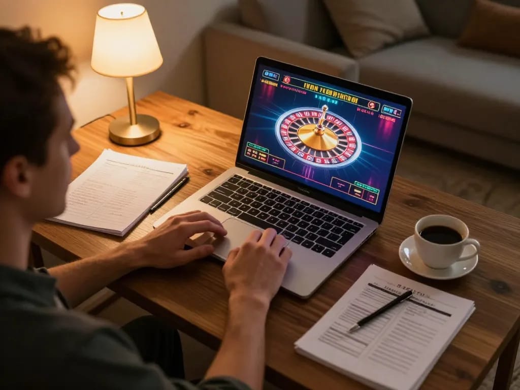 Player engaging with lc88 online casino game on laptop in a cozy home setting