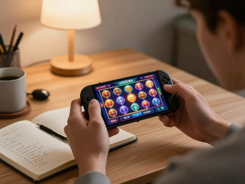 Playing slots on UGDEWA app in a stylish home environment with strategy notes nearby.