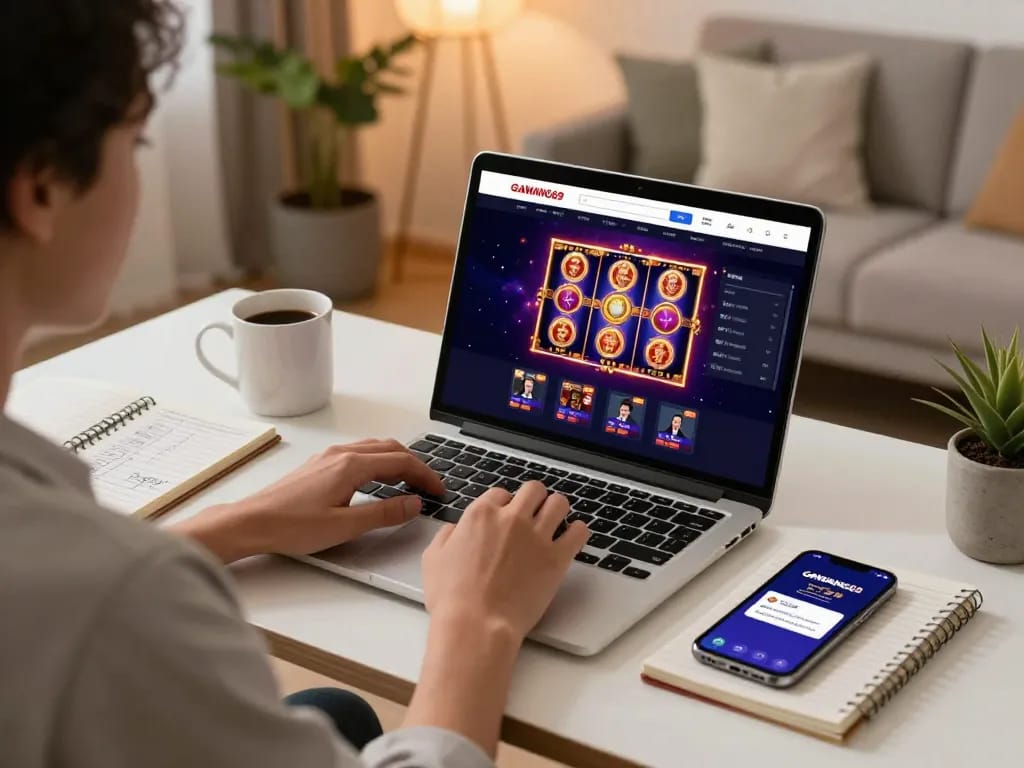 Engaging with GAWANG69 digital casino on a laptop at home with strategy notes.