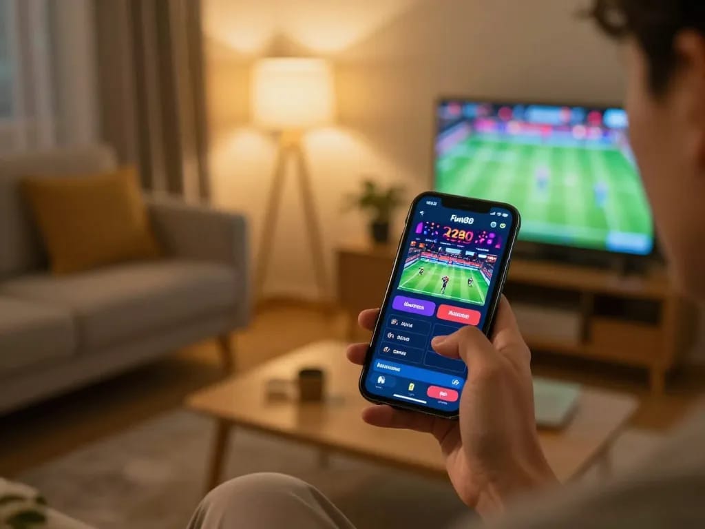 Fun88 mobile sports betting experience with user engaging on smartphone, vibrant app interface