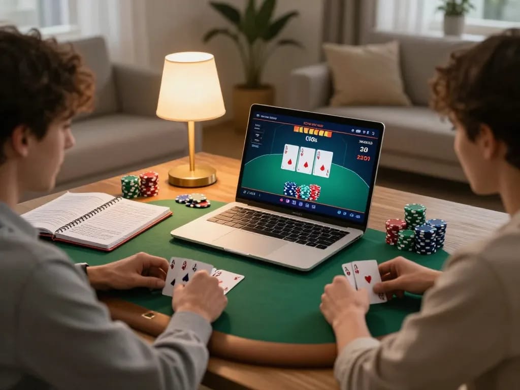 Engaging in an online poker game on jangkar55 with a winning hand displayed on the laptop screen.