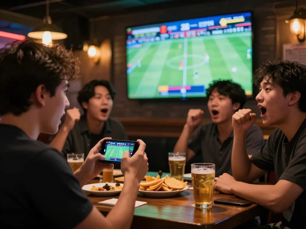 Engaged betters using the uu88 app while watching a live sports event in a vibrant sports bar atmosphere.