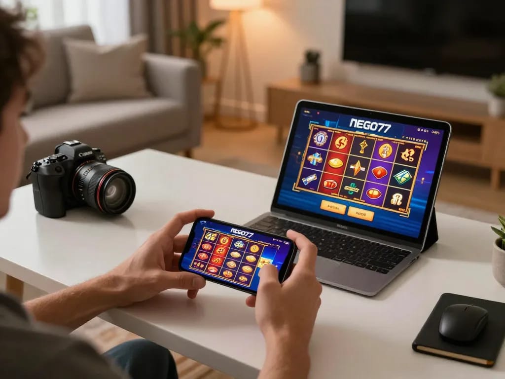 Player enjoying online slots on NEGO77 platform with smartphone, showcasing engaging gameplay.