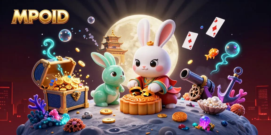 MPOID offers an exciting gaming experience on a lunar-themed illustration featuring enchanting rabbits and casino elements.