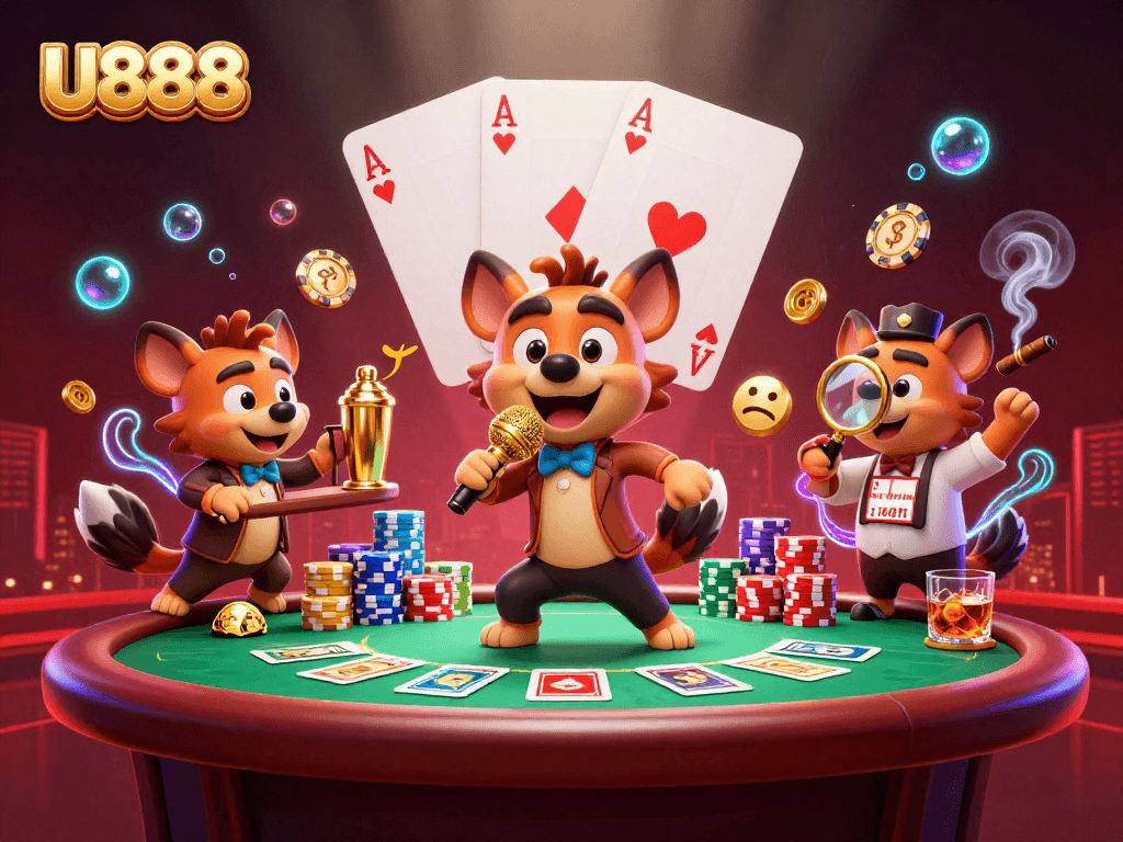 U888 hyenas in a vibrant casino club scene illustrating gaming excitement and comedy