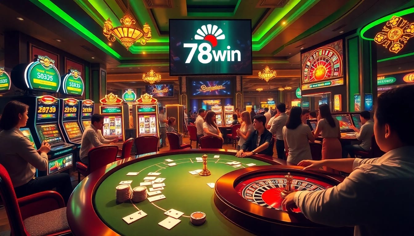 Exciting online gambling scene at Trang chủ 78win featuring poker chips and vibrant slot machines.
