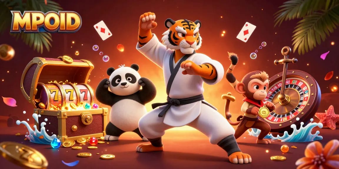 MPOID showcases a thrilling casino scene with a kung fu tiger master, animated slot reels, and vibrant game elements.