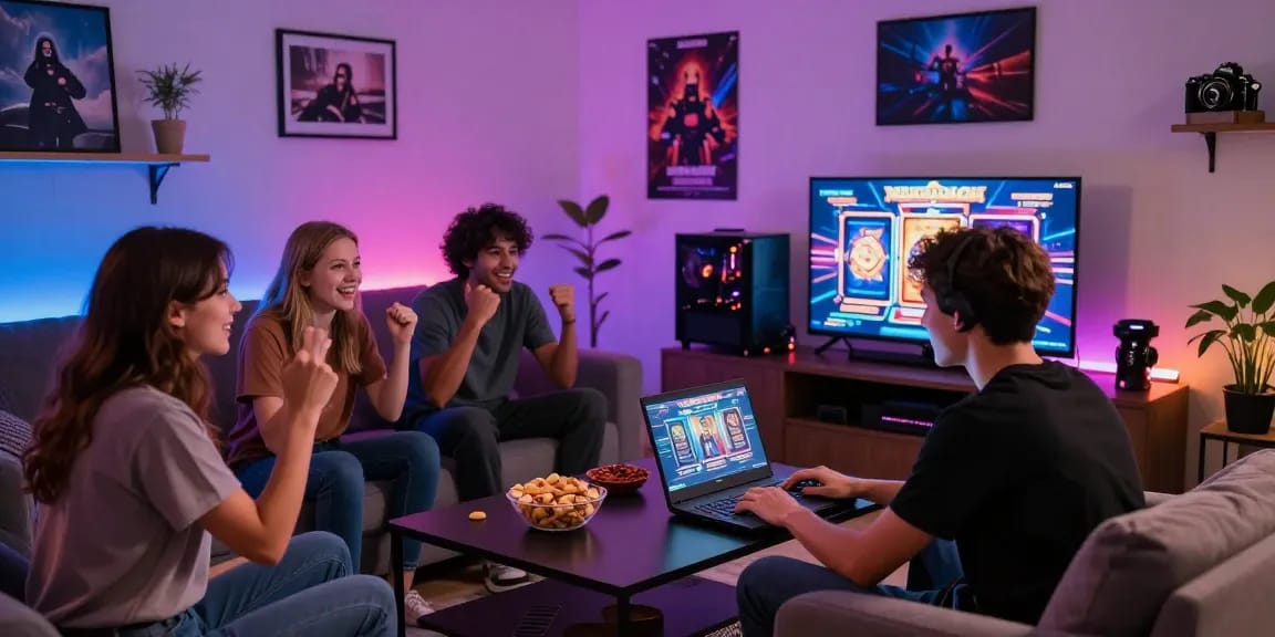 Login Modal138 di ruang keluarga modern dengan gamer dan suasana ceria