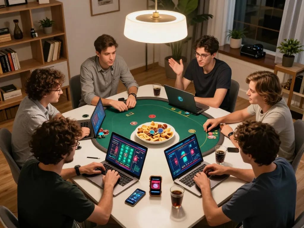 LGO99 players intensely strategizing poker decisions in a cozy online gaming setup.