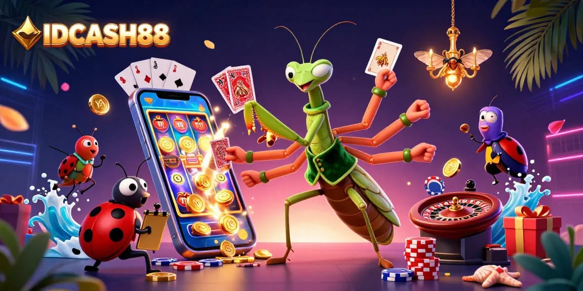 Engage with IDCASH88's thrilling slot games in a vibrant casino scene featuring colorful elements.