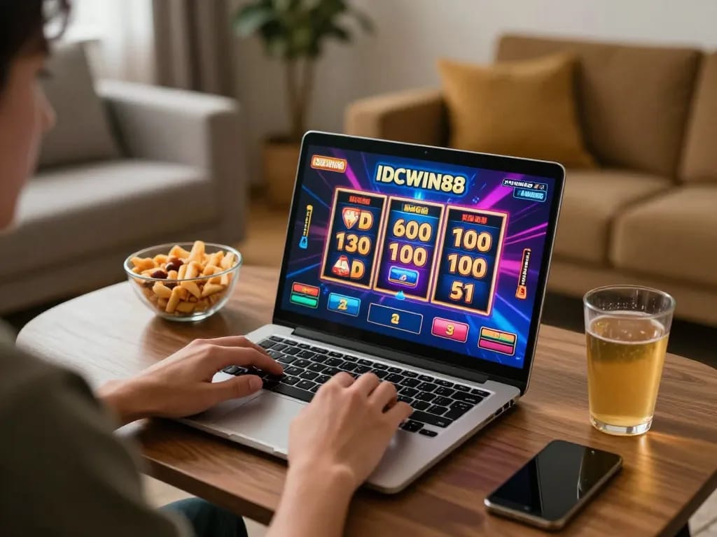 Enjoying IDCWIN88 slot gameplay at home with snacks and cozy setup