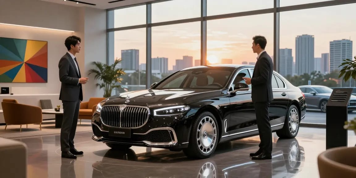 Mobil LUXURY 777 yang mengesankan dalam showroom elegan dengan pencahayaan yang dramatis.