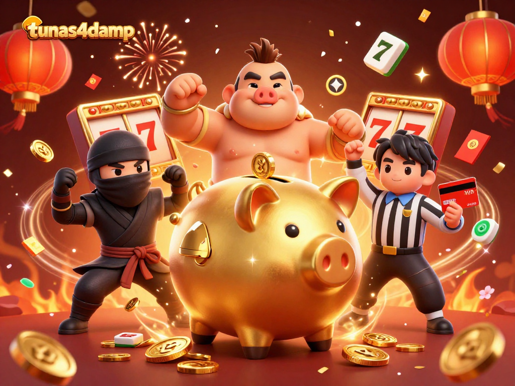 Engage with tunas4damp's vibrant 3D casino scene featuring dynamic characters and festive elements.