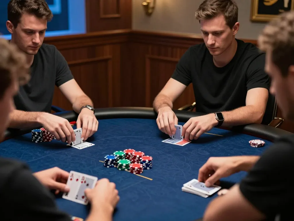 Players strategizing their hands at Fun88's online poker gaming table, showcasing competitive spirit.