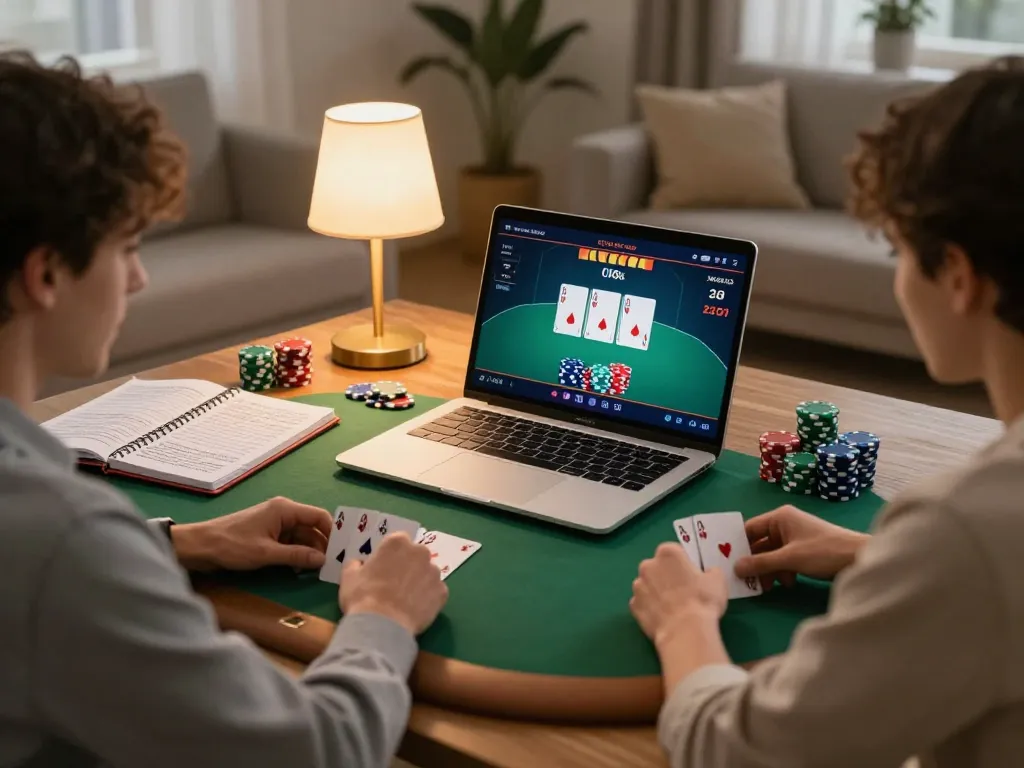Engaging in an online poker game on jangkar55 with a winning hand displayed on the laptop screen.