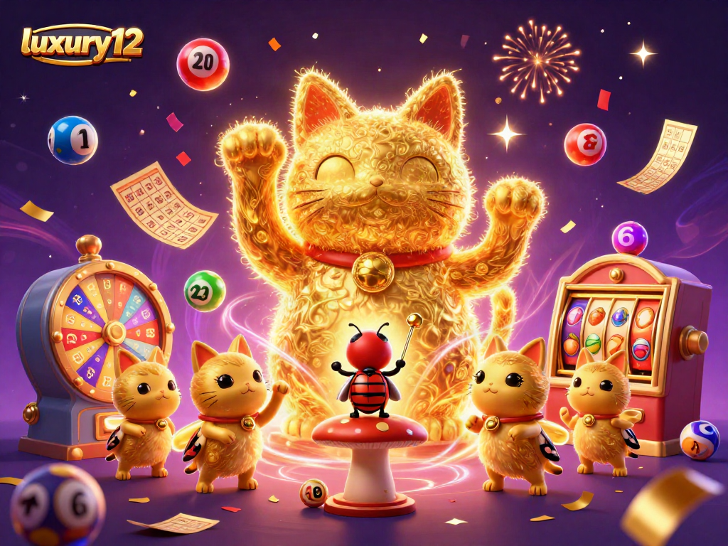 Engage with luxury12 in a vibrant casino illustration featuring a lucky cat and dynamic game elements.