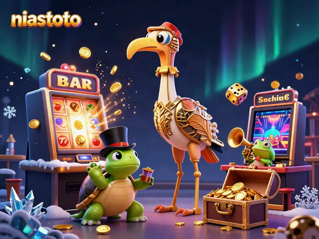 NIASTOTO illustrates a lively casino scene with characters and jackpot elements for an engaging gaming experience.
