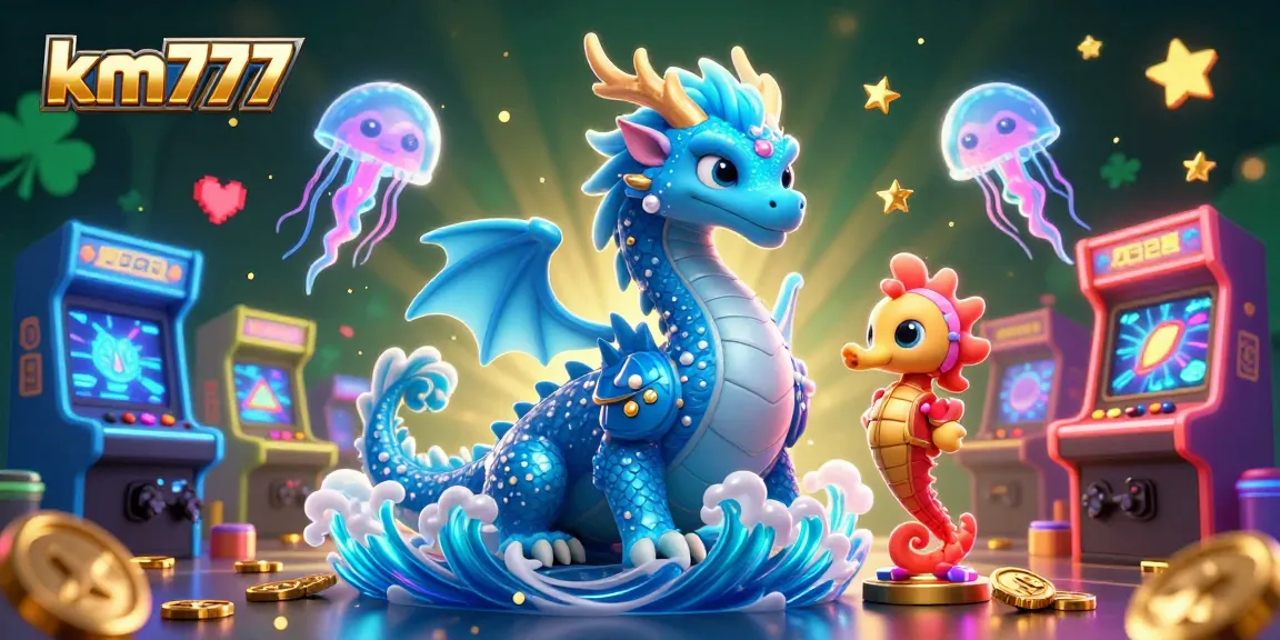 km777 Casino, featuring a captivating azure water dragon and vibrant gaming elements.