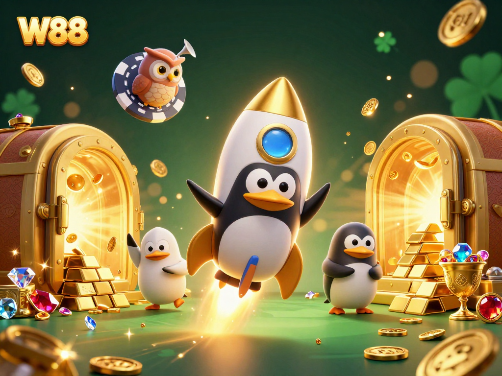 W88 rockets ahead as the golden penguin navigates a dazzling casino space, surrounded by treasures.