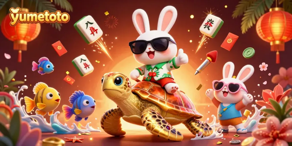 Join the thrilling excitement of yumetoto with a lucky rabbit and sea turtle in this vibrant casino scene!