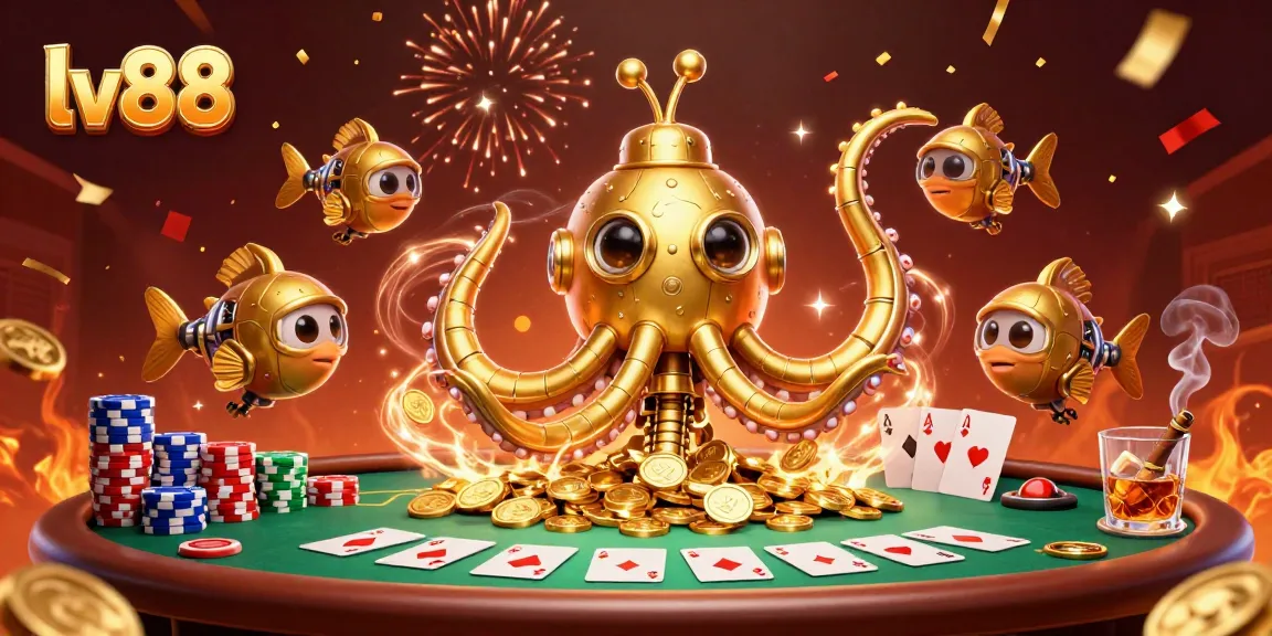 Join the excitement of lv88 with a vibrant gambling scene featuring poker and golden coins.