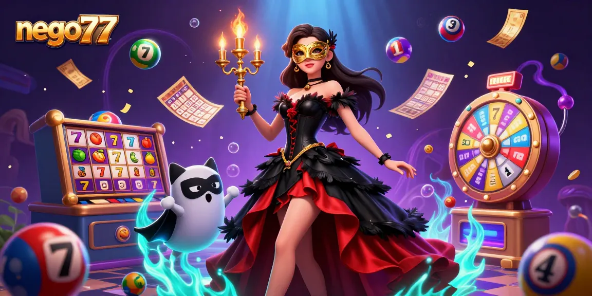 Nego77 presents vibrant slot reels and lottery balls in a captivating casino illustration.